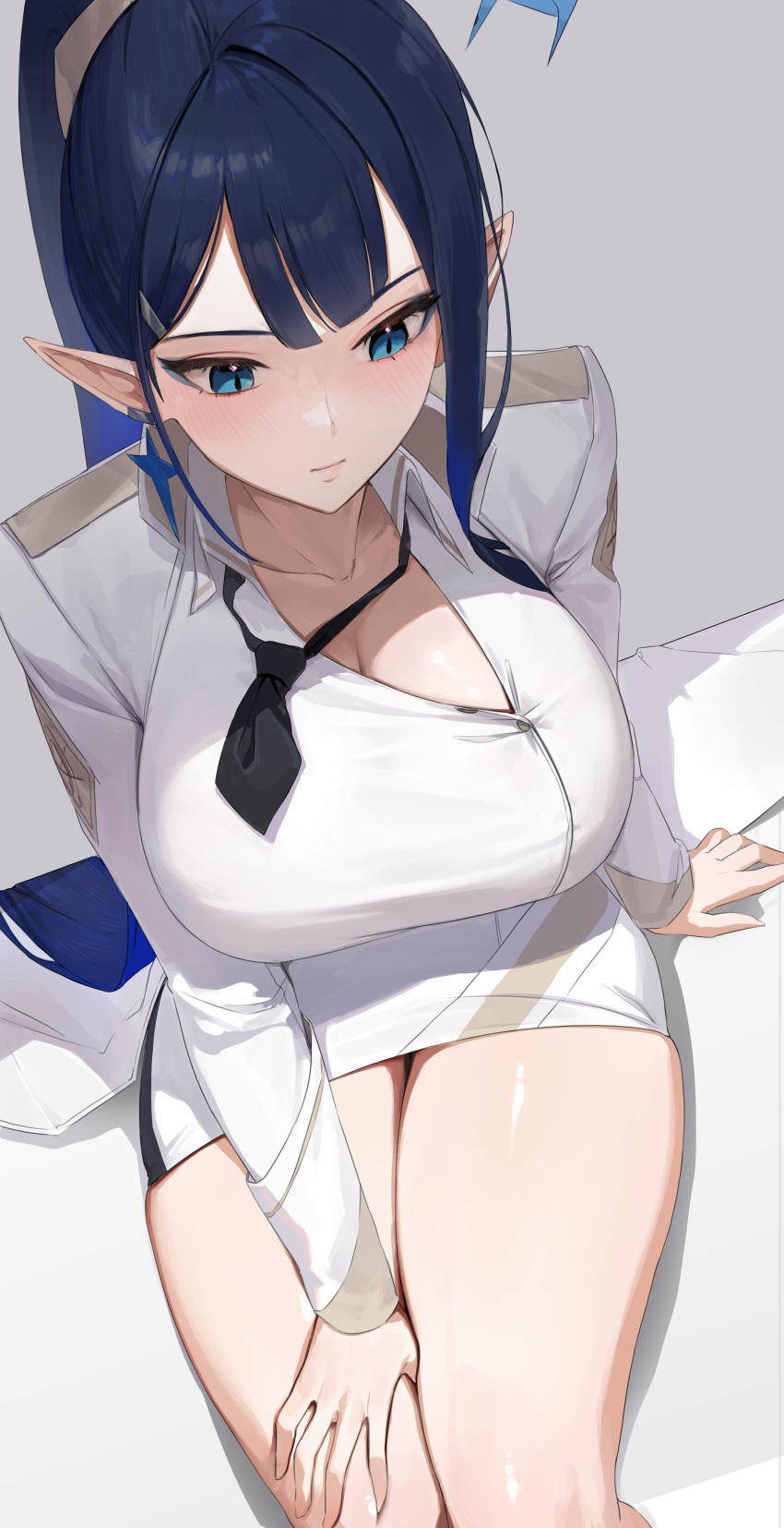 absurdres belt blue_archive blue_eyeliner blue_eyes breasts chochomi cleavage collarbone commentary cowboy_shot eyeliner female hair_ornament hairclip halo highres large_breasts long_hair makeup necktie pointy_ears ponytail rin_(blue_archive) sitting skirt sleeves_past_wrists solo thighs uniform white_belt white_skirt white_uniform