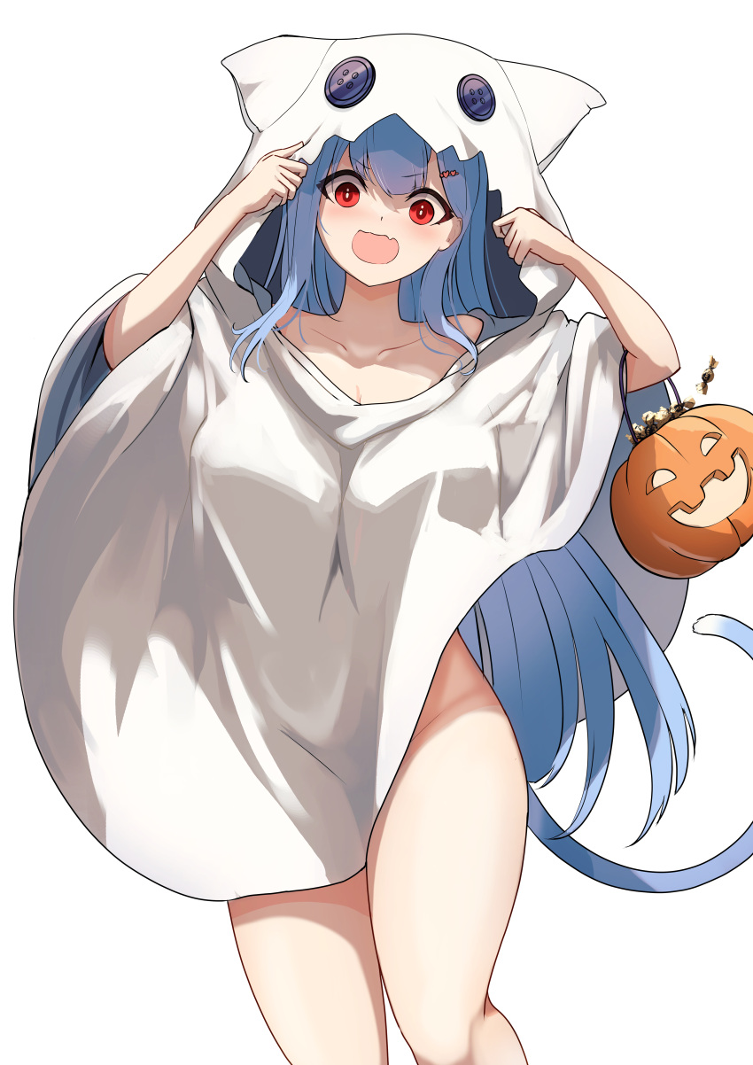 absurdres animal_ears bed_sheet blue_hair blue_tail breasts candy cat_ears cat_girl commentary_request female food ghost_costume halloween halloween_bucket highres large_breasts naked_costume naked_sheet namako_(namacotan) no_bra no_panties open_mouth plivyou red_eyes shikai_yue simple_background solo thighs virtual_youtuber white_background