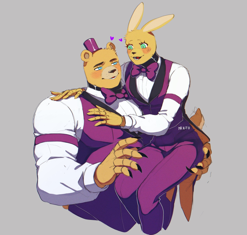 2022 animatronic anthro artist_name bear blue_eyes blush bow_tie carrying_another carrying_partner claws clothing digital_media_(artwork) duo fingers five_nights_at_freddy's five_nights_at_freddy's_4 fredbear_(fnaf) fur grey_background hat headgear headwear heart_symbol hi_res kato200_0 lagomorph larger_male leporid long_ears machine male male/male mammal multicolored_body multicolored_fur rabbit robot scottgames short_tail signature simple_background sitting size_difference smaller_male smile spring_bonnie_(fnaf) standing suit tail tail_motion tailwag tan_body tan_fur teal_eyes teeth tongue top_hat two_tone_body two_tone_fur yellow_body yellow_fur