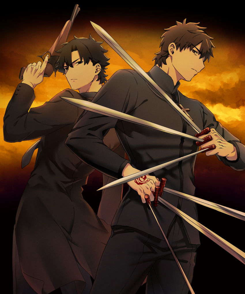 2boys absurdres back-to-back between_fingers black_keys_(type-moon) brown_hair command_spell cross cross_necklace dual_wielding emiya_kiritsugu fate/zero fate_(series) fighting_stance gun handgun highres holding holding_gun holding_weapon jewelry kotomine_kirei male_focus multiple_boys necklace okonon_(kado_colda) short_hair thompson/center_contender trigger_discipline weapon