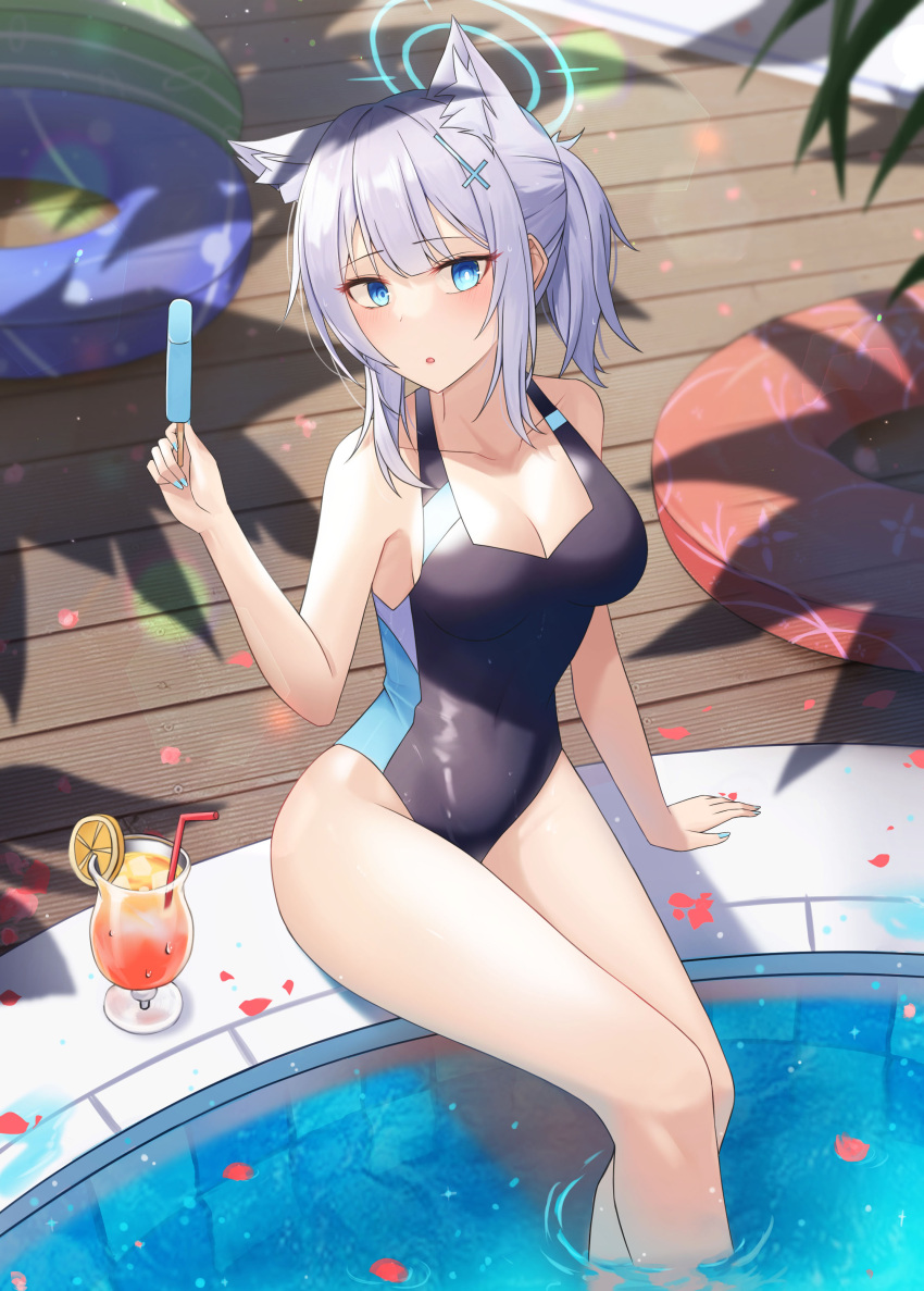 :o absurdres animal_ear_fluff animal_ears arm_at_side arm_support bendy_straw blue_archive blue_eyes blue_halo blue_innertube blue_nails blue_one-piece_swimsuit blunt_bangs blurry blurry_background blush breasts checkered_wall cleavage collarbone competition_swimsuit covered_navel cross cross_hair_ornament cup depth_of_field drink drinking_glass drinking_straw embarrassed extra_ears feet_out_of_frame female food fruit grey_hair groin hair_ornament halo halterneck hand_up hidel highleg highleg_swimsuit highres holding holding_food hurricane_glass ice ice_cube innertube inverted_cross legs_together lemon lemon_slice lens_flare looking_at_viewer low_ponytail medium_breasts medium_hair mismatched_pupils mixed-language_commentary multicolored_clothes multicolored_swimsuit nail_polish official_alternate_costume one-piece_swimsuit palm_leaf parted_lips petals pink_innertube ponytail pool poolside popsicle raised_eyebrows shade shiroko_(blue_archive) shiroko_(swimsuit)_(blue_archive) short_ponytail sideboob sidelocks soaking_feet solo straight_hair swim_ring swimsuit thighs tropical_drink water wolf_ears