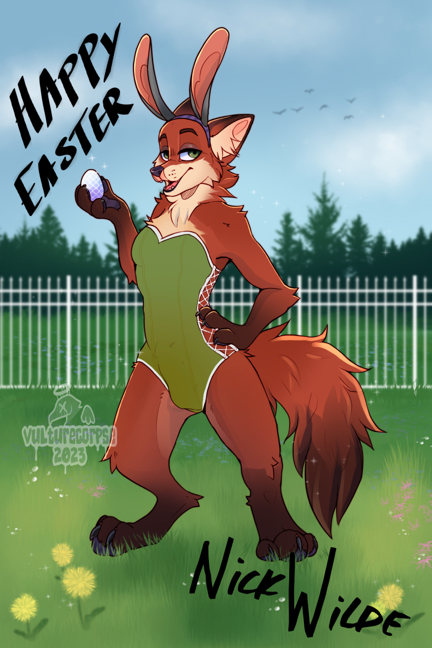 2:3 absurd_res anthro balls_outline bulge canid canine claws clothed clothing cloud dandelion day detailed detailed_background detailed_bulge digital_drawing_(artwork) digital_media_(artwork) disney english_text erection erection_under_clothing flower forest forest_background fox full-length_portrait fur genital_outline grass green_eyes hi_res male mammal nature nature_background nick_wilde outside penis_outline plant portrait red_fox scenery shaded signature sky smile solo tail text tree true_fox vulturecorpse watermark zootopia