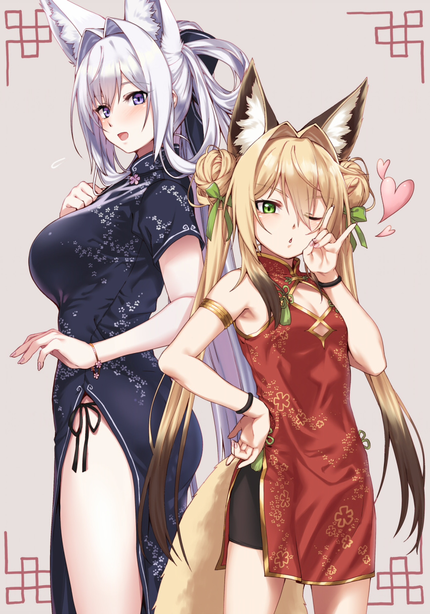 2girls animal_ears armlet ass black_dress blonde_hair breasts china_dress chinese_clothes commentary cowboy_shot double_bun dress flying_sweatdrops fox_ears fox_shadow_puppet green_eyes hair_between_eyes hair_bun hair_intakes hair_rings hand_on_own_hip heart highres large_breasts long_hair multiple_girls one_eye_closed original panties purple_eyes red_dress side-tie_panties sidelocks small_breasts tamakagura_inari tamamo_(yagi) twintails underwear very_long_hair white_hair wristband yagi_(ningen)