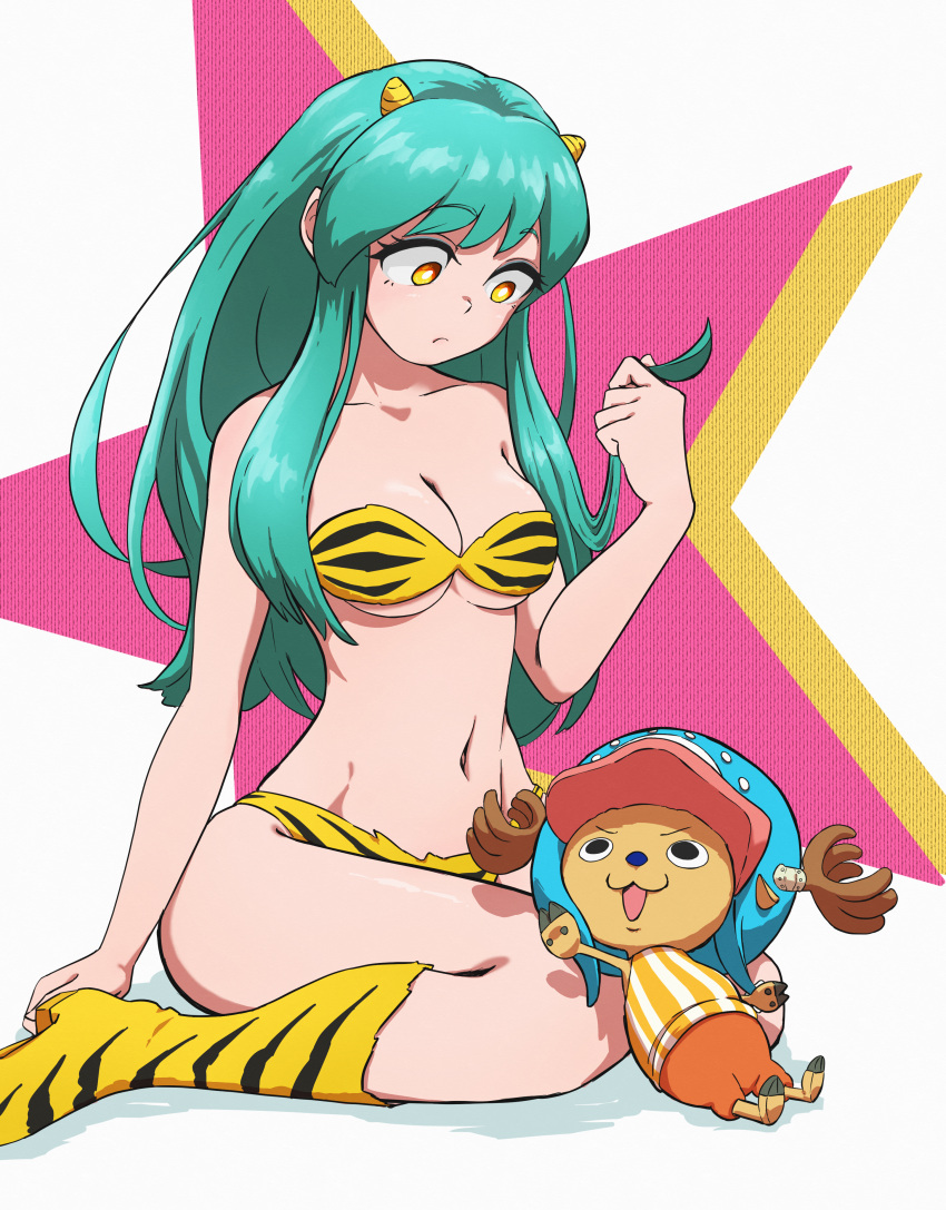 absurdres animal animal_print antlers antlers_through_headwear bare_shoulders bikini boots breasts cone_horns curious female full_body fur_bikini green_hair highres horns long_hair lum navel one_piece oni sitting solo strapless strapless_bikini swimsuit thighs tiger_print tony_tony_chopper urusei_yatsura wolkat yellow_bikini yellow_eyes yellow_horns