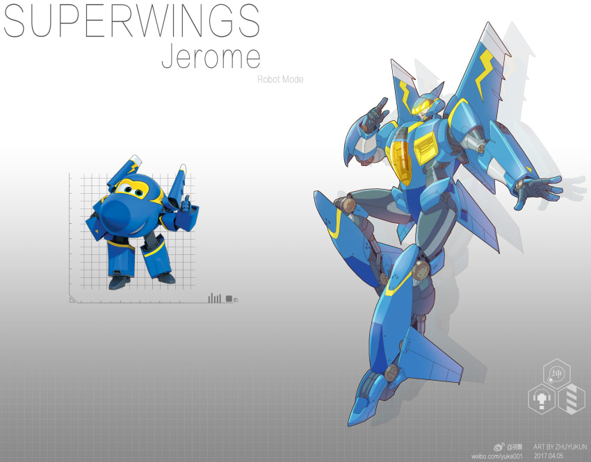 2017 aircraft airplane highres jerome_(super_wings) mecha no_humans open_hand open_mouth photoshop_(medium) pointing redesign reference_inset robot solo super_wings visor zhuyukun