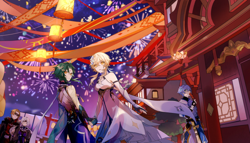 3boys 5girls absurdres architecture bead_necklace beads black_cape blonde_hair blue_eyes blue_hair cape chinese_clothes chongyun_(genshin_impact) commentary cowboy_shot dress east_asian_architecture eating elbow_gloves esz_(bzsaro01) fingerless_gloves fireworks flower food ganyu_(genshin_impact) genshin_impact gloves green_hair grey_hair hair_flower hair_ornament highres holding holding_food holding_hands hood hoodie jewelry keqing_(genshin_impact) lantern lattice liyue_harbor looking_at_viewer looking_back lumine_(genshin_impact) mask masquerade_mask multiple_boys multiple_girls nadia_(genshin_impact) necklace night night_sky ningguang_(genshin_impact) orange_hair outdoors paper_lantern parted_lips short_hair short_hair_with_long_locks sky sleeveless sleeveless_dress streamers tanghulu tattoo vlad_(genshin_impact) white_dress white_flower white_gloves white_hoodie xiao_(genshin_impact) yellow_eyes