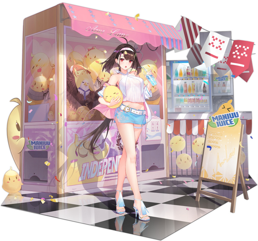 ahoge atdan azur_lane bare_shoulders belt bendy_straw brown_hair checkered checkered_floor cup disposable_cup drink drinking_straw earrings eyebrows_visible_through_hair female groin hair_intakes hairband high_heels highres holding holding_cup holding_drink independence_(azur_lane) independence_(the_tailwind_of_opportunity)_(azur_lane) jewelry long_hair looking_at_viewer manjuu_(azur_lane) miniskirt mole mole_on_arm mole_on_thigh navel official_alternate_costume official_art open_mouth red_eyes reflective_floor skirt slit_pupils standing transparent_background very_long_hair white_belt