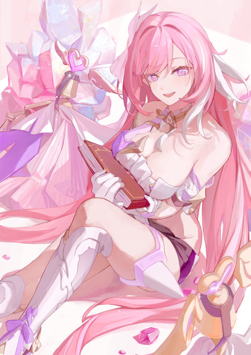 absurdres bare_shoulders breasts dress elf elysia_(herrscher_of_human:_ego)_(honkai_impact) elysia_(honkai_impact) female gloves hair_ornament highres honkai_(series) honkai_impact_3rd long_hair looking_at_viewer medium_breasts pink_eyes pink_hair pointy_ears roena smile solo very_long_hair white_dress white_gloves