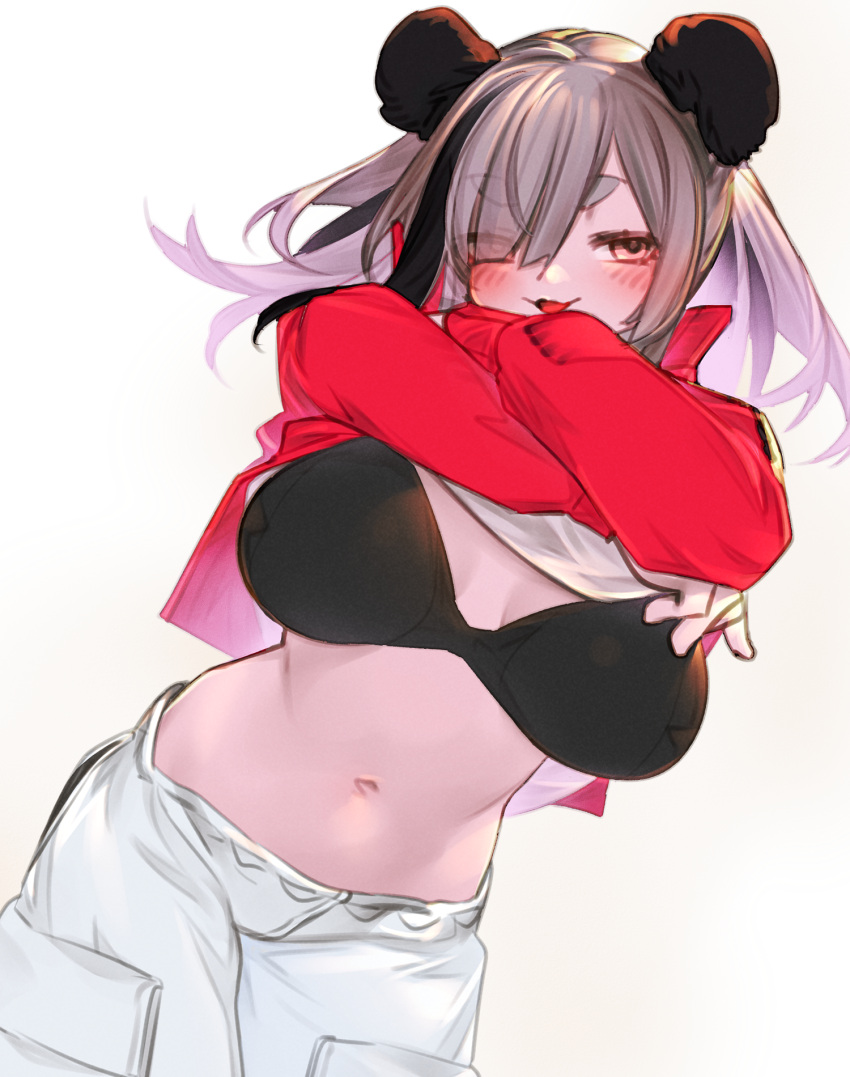 animal_ears arknights black_bra black_hair blush bra breasts cowboy_shot eyes_visible_through_hair feater_(arknights) feater_(gourmet)_(arknights) female grey_hair hair_over_one_eye highres jacket kochiya_(gothope) large_breasts long_sleeves looking_at_viewer multicolored_hair navel official_alternate_costume open_mouth orange_eyes panda_ears panda_girl pants red_jacket simple_background solo stomach streaked_hair thick_eyebrows underwear undressing white_background white_pants