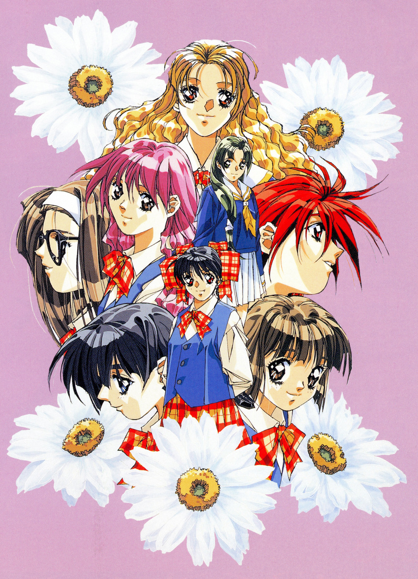 1990s_(style) 6+girls arms_behind_back black-framed_eyewear black_hair blonde_hair blue_eyes blue_vest brown_eyes brown_hair doukyuusei_2 flower hair_over_shoulder hairband highres light_smile long_bangs long_hair long_sleeves looking_at_viewer maijima_karen minamikawa_youko miniskirt mizuno_tomomi multiple_girls narusawa_yui neckerchief non-web_source official_art parted_lips pink_eyes pink_hair plaid plaid_skirt pleated_skirt profile red_eyes red_hair retro_artstyle scan school_uniform shinohara_izumi short_hair skirt smile sugimoto_sakurako takei_masaki tsuzuki_kozue vest