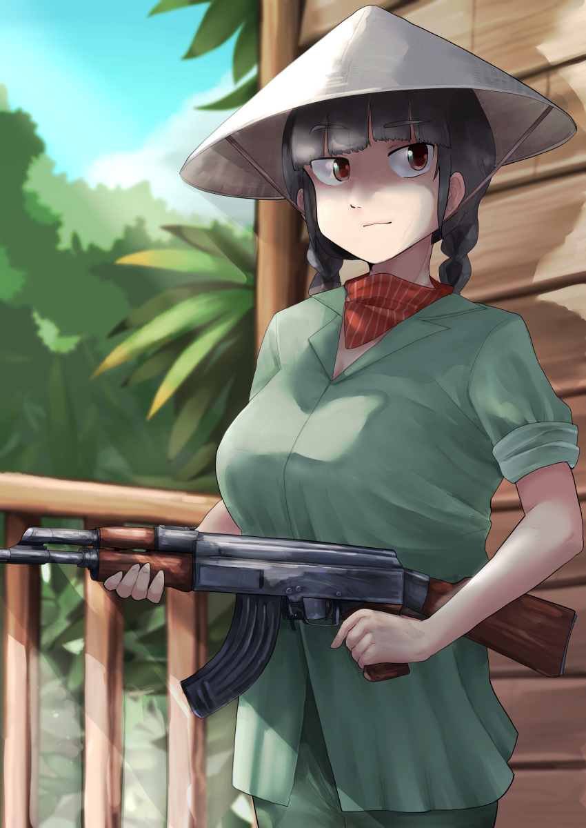 absurdres ak-47 assault_rifle black_hair blue_sky blunt_bangs braid breasts closed_mouth cloud commentary_request cookie_(touhou) cowboy_shot day female fuka_(kantoku) green_pants green_shirt green_tea_(cookie) gun hat highres holding holding_gun holding_weapon kalashnikov_rifle large_breasts light_rays long_hair looking_to_the_side outdoors palm_tree pants railing red_eyes rice_hat rifle shirt short_sleeves sky solo standing touhou tree twin_braids viet_cong vietnam_war war weapon yatadera_narumi