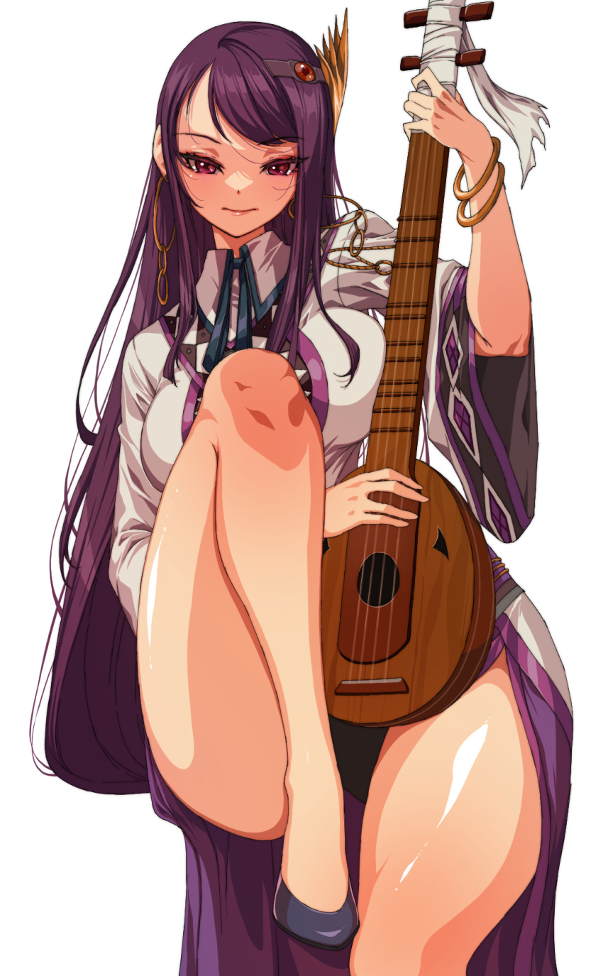 bare_legs bracelet breast_press breasts closed_mouth commission commissioner_upload dress dungeon_and_fighter earrings female guitar hair_ornament hand_up high_heels highres hoop_earrings instrument iris_fortune_singer jewelry leg_up long_hair long_sleeves multicolored_clothes multicolored_dress non-web_source pixiv_commission purple_hair rantia sitting smile solo thighs upper_body