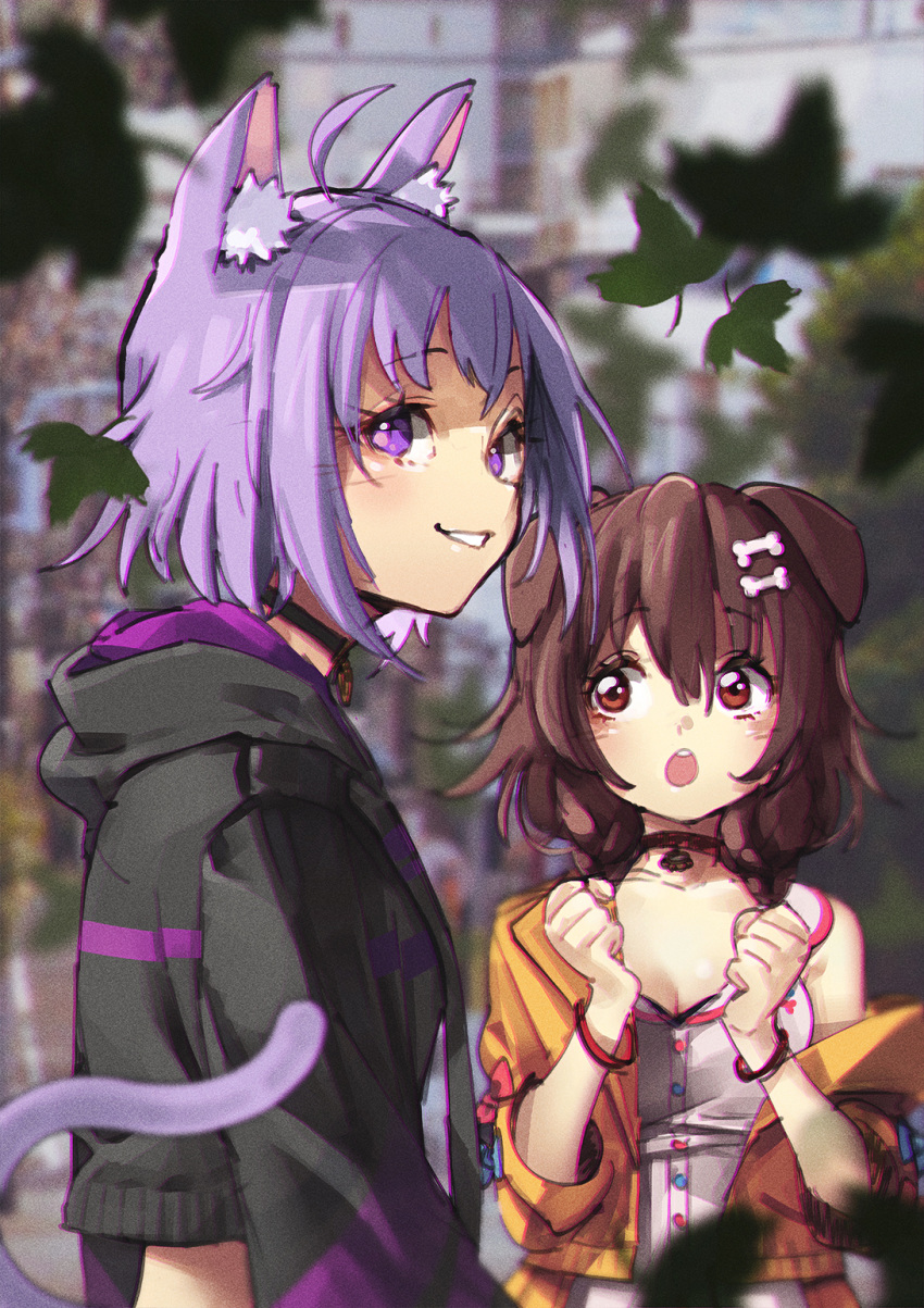 2girls :o ahoge animal_collar animal_ear_fluff animal_ears black_hoodie bone_hair_ornament braid brown_eyes brown_hair cat_ears cat_girl cat_tail clenched_hand collar commentary cropped_hoodie cropped_jacket dog_ears dog_girl dress falling_leaves hair_between_eyes hair_ornament highres hololive hood hoodie inugami_korone inugami_korone_(1st_costume) jacket leaf long_sleeves looking_at_another looking_at_viewer looking_back looking_to_the_side multiple_girls nekomata_okayu nekomata_okayu_(1st_costume) open_clothes open_jacket open_mouth outdoors pink_dress purple_eyes purple_hair short_hair smile sumi_(oyasumie) tail twin_braids virtual_youtuber yellow_jacket