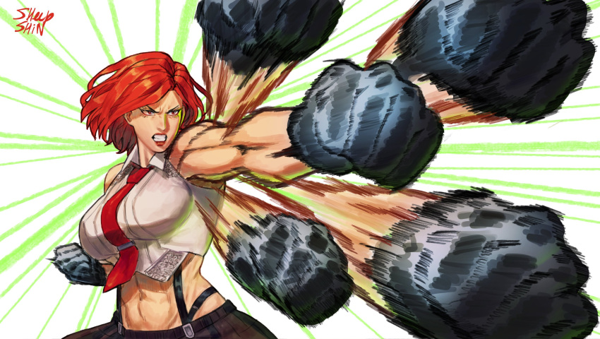 abs action afterimage angry attack between_breasts biceps boxing breasts clenched_hands clenched_teeth collared_shirt commentary crop_top cropped_shirt emphasis_lines english_commentary female gloves highres lipstick makeup motion_blur muscular muscular_female necktie necktie_between_breasts punching rapid_punches red_eyes red_hair red_necktie sheep_shin shirt short_hair sleeveless sleeveless_shirt snk solo speed_lines suspenders teeth the_king_of_fighters the_king_of_fighters_xv toned vanessa_(kof) white_shirt