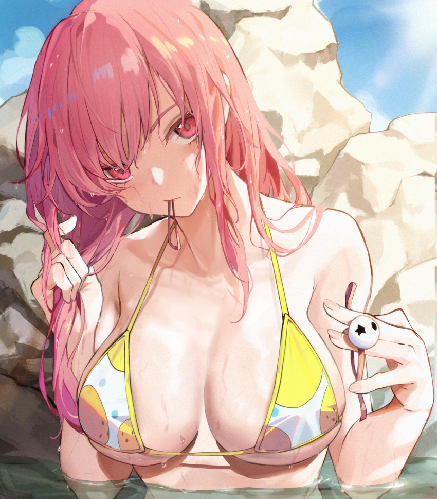 alternate_hairstyle azur_lane bare_arms bare_shoulders bikini blue_sky blush breasts chinese_commentary cleavage closed_mouth cloud collarbone commentary_request day dead_or_alive female hair_down hair_tie hair_tie_in_mouth highres holding honoka_(doa) honoka_(summer_angel_on_the_shore)_(doa) large_breasts long_hair looking_at_viewer luobo_(nsnr8754) md5_mismatch mouth_hold outdoors partially_submerged pink_eyes pink_hair revision rock sky solo star_(symbol) swimsuit two-tone_bikini tying_hair upper_body water wet wet_hair yellow_bikini