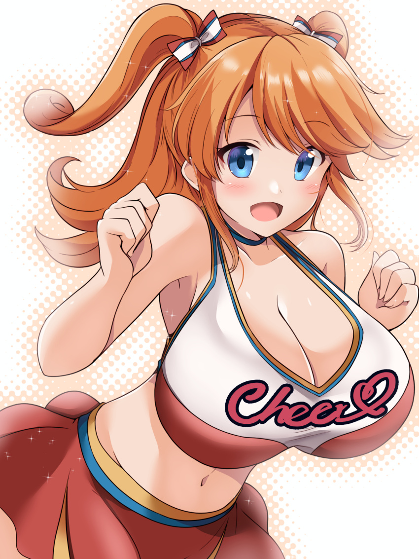 blue_eyes breasts cleavage commentary_request female girlfriend_(kari) hair_ribbon highres kurokaze_no_sora large_breasts medium_hair miniskirt navel open_mouth orange_hair ribbon sagara_emi short_twintails skirt solo twintails