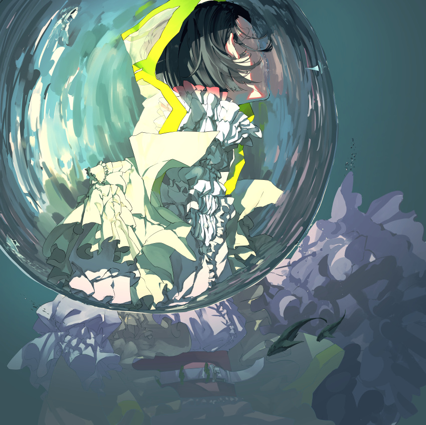 absurdres air_bubble black_hair blue_background bubble commentary_request dress facing_away female fish frilled_dress frills highres looking_away nico-tine original purple_dress short_hair simple_background solo upper_body white_dress