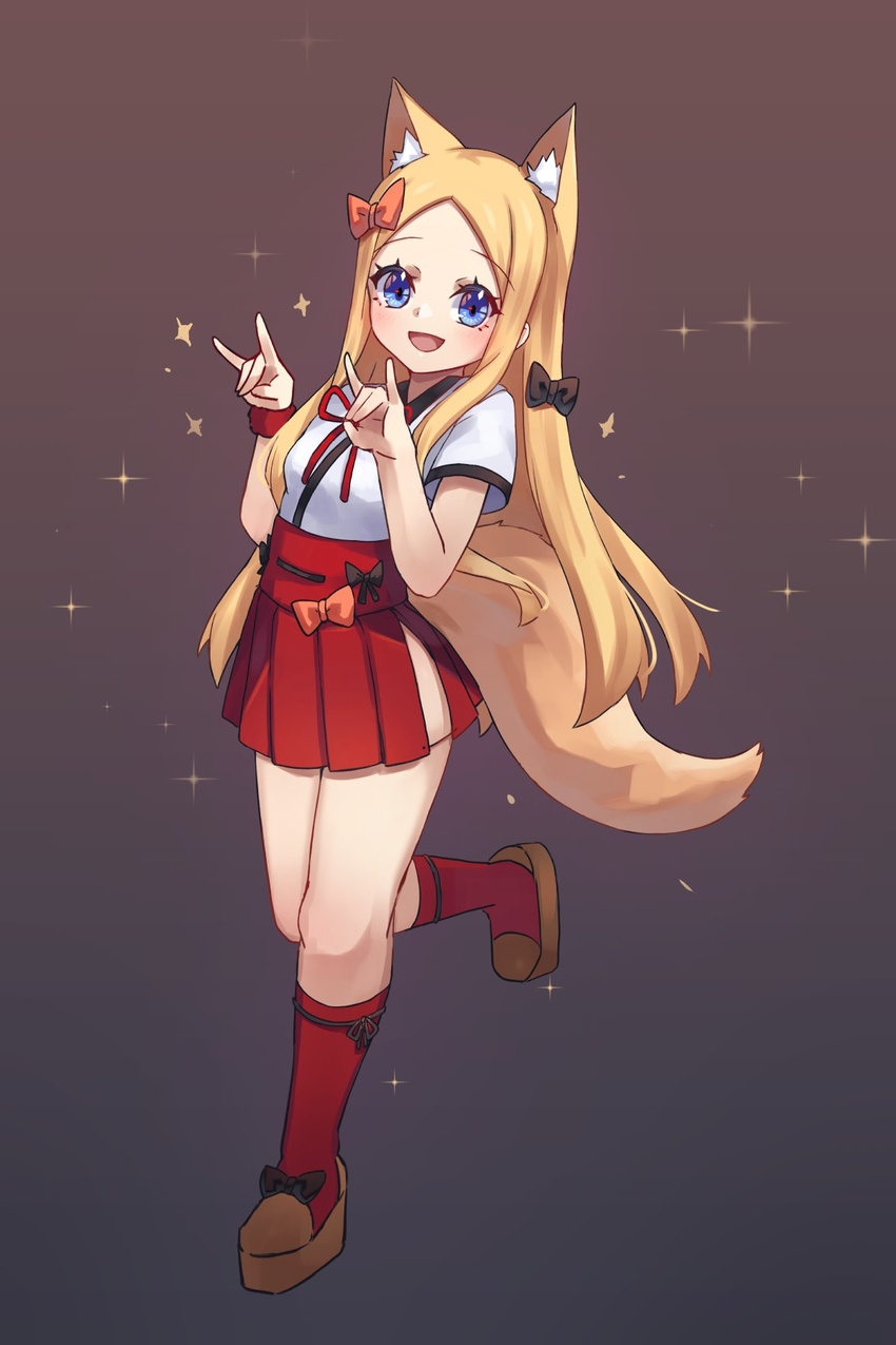 abigail_williams_(fate) animal_ears black_bow blonde_hair blue_eyes blush bow breasts cosplay double_fox_shadow_puppet fate/extra fate/extra_ccc fate/extra_ccc_fox_tail fate/grand_order fate_(series) female forehead fox_ears fox_shadow_puppet fox_tail full_body hairbow highres kneehighs long_hair looking_at_viewer miya_(miyaruta) multiple_bows open_mouth orange_bow parted_bangs platform_footwear red_skirt red_socks shirt short_sleeves skirt small_breasts smile socks solo suzuka_gozen_(fate) suzuka_gozen_(fate)_(cosplay) tail white_shirt