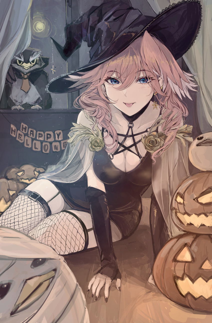 :p absurdres bare_shoulders black_dress black_nails blue_eyes breasts cape cleavage curtains detached_sleeves dress earrings female fishnet_thighhighs fishnets full_moon ganmo_(takane_lui) garter_straps hat head_wings highres hololive jack-o'-lantern jewelry long_hair moon pink_hair sitting smile takane_lui thighhighs tongue tongue_out torn_flipper virtual_youtuber wings witch_hat