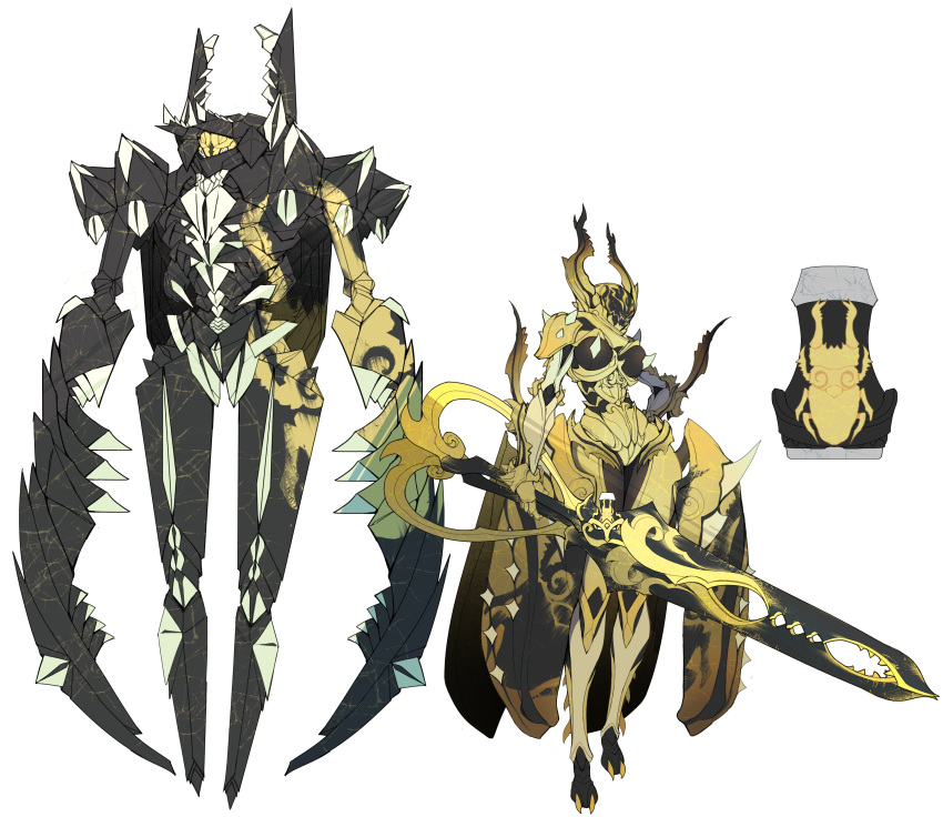 absurdres armor armored_dress arthropod_girl arthropod_limbs black_armor breasts bug catball1994 clawed_boots clawed_gauntlets claws commentary_request demon elbow_spikes fake_horns female full_armor gold_armor height_difference helmet highres holding holding_sword holding_weapon horned_helmet horns huge_horns huge_weapon kamen_rider kamen_rider_revice large_breasts monster original scissors shoulder_armor shoulder_pads shoulder_spikes simple_background spiked_armor spiked_gauntlets spiked_legwear spikes spray_paint stag_beetle sword tokusatsu weapon white_background wide_hips