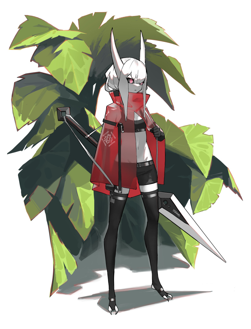 absurdres adapted_costume black_sclera breasts colored_sclera colored_skin elbow_gloves female full_body gloves highres hollow_knight hornet_(hollow_knight) horns humanization leaf nail poncho red_eyes rocket_neko see-through shorts small_breasts solo standing thighhighs white_hair white_skin