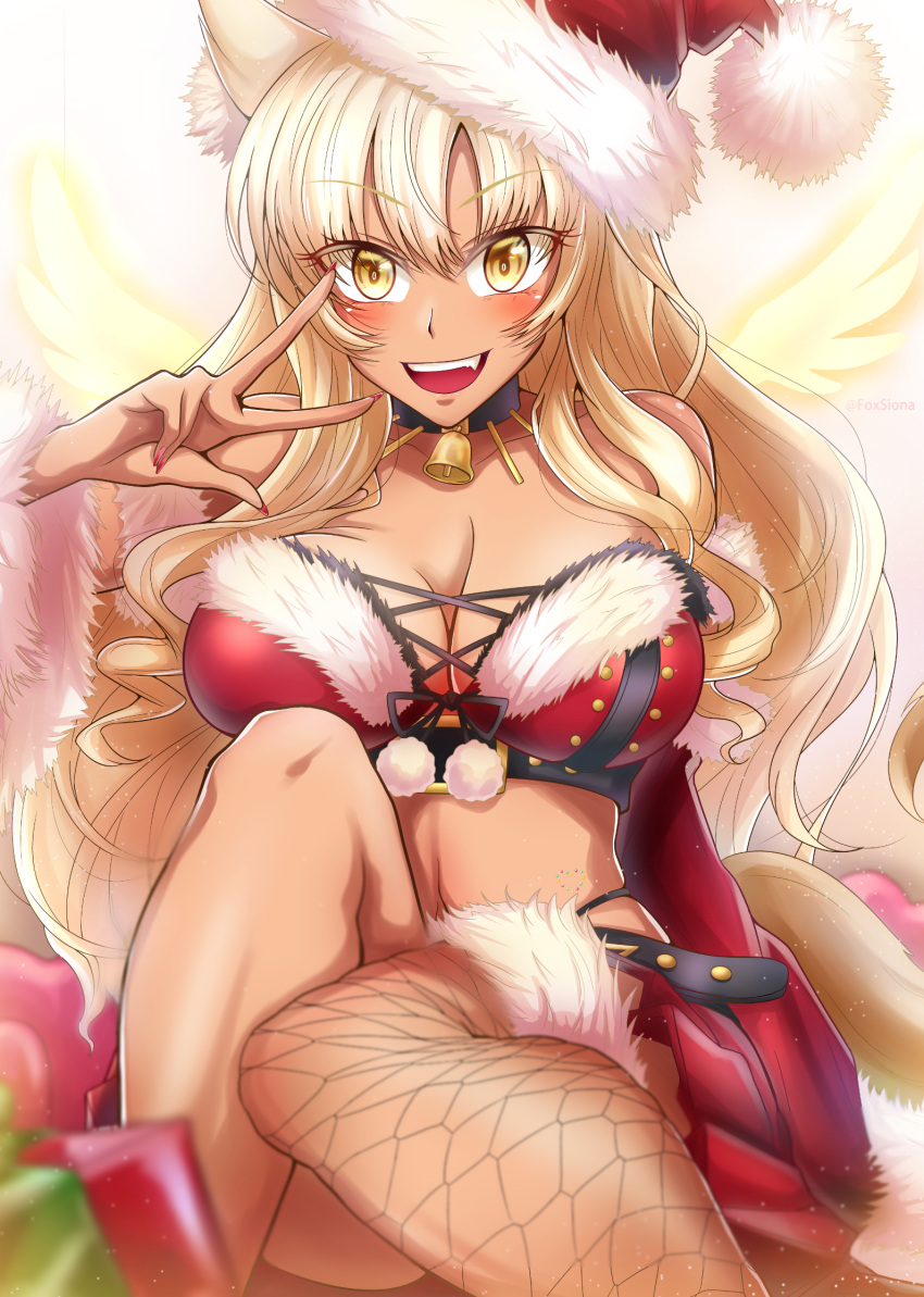 animal_ear_fluff animal_ears bare_shoulders bell blonde_hair breasts cleavage collarbone dark-skinned_female dark_skin detached_sleeves energy_wings fate/grand_order fate/grand_order_arcade fate_(series) female fox_ears fox_girl fox_tail fur_trim hat highres kitsune_(foxsiona) large_breasts long_hair looking_at_viewer neck_bell open_mouth red_hat santa_costume santa_hat sitting smile solo suzuka_gozen_(fate) suzuka_gozen_(santa)_(fate) tail tan thighs w wide_sleeves yellow_eyes