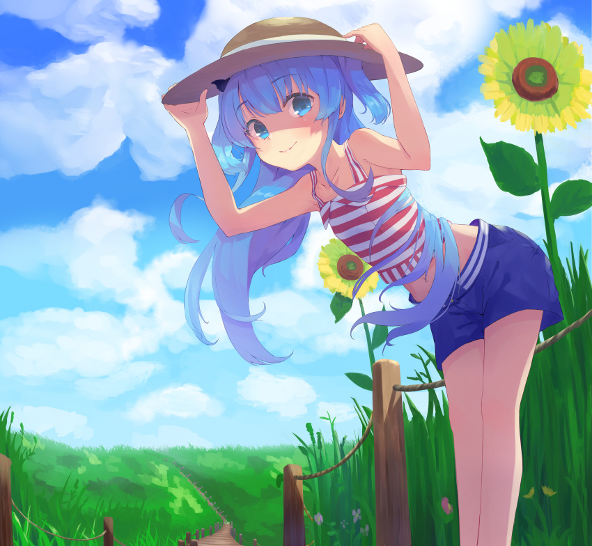 bent_over blue_eyes blue_hair blush commentary crop_top day female flower hair_ornament hands_on_headwear hat highres holding long_hair looking_at_viewer navel noel_(sora_no_method) outdoors pushuun shirt shorts sky smile sora_no_method sunflower