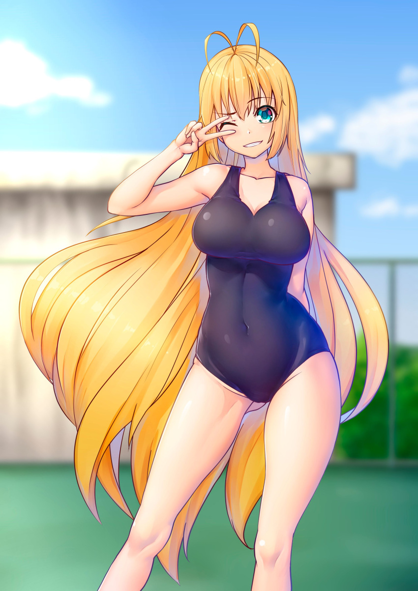 absurdres arm_behind_back black_one-piece_swimsuit blonde_hair blue_eyes blue_sky blurry blurry_background breasts chain-link_fence cloud cloudy_sky commentary_request covered_navel day depth_of_field female fence grin highres large_breasts long_hair looking_at_viewer mikuru_beam nicchi one-piece_swimsuit one_eye_closed outdoors partial_commentary school school_swimsuit sky smile solo standing swimsuit tsurumaki_maki v very_long_hair voiceroid