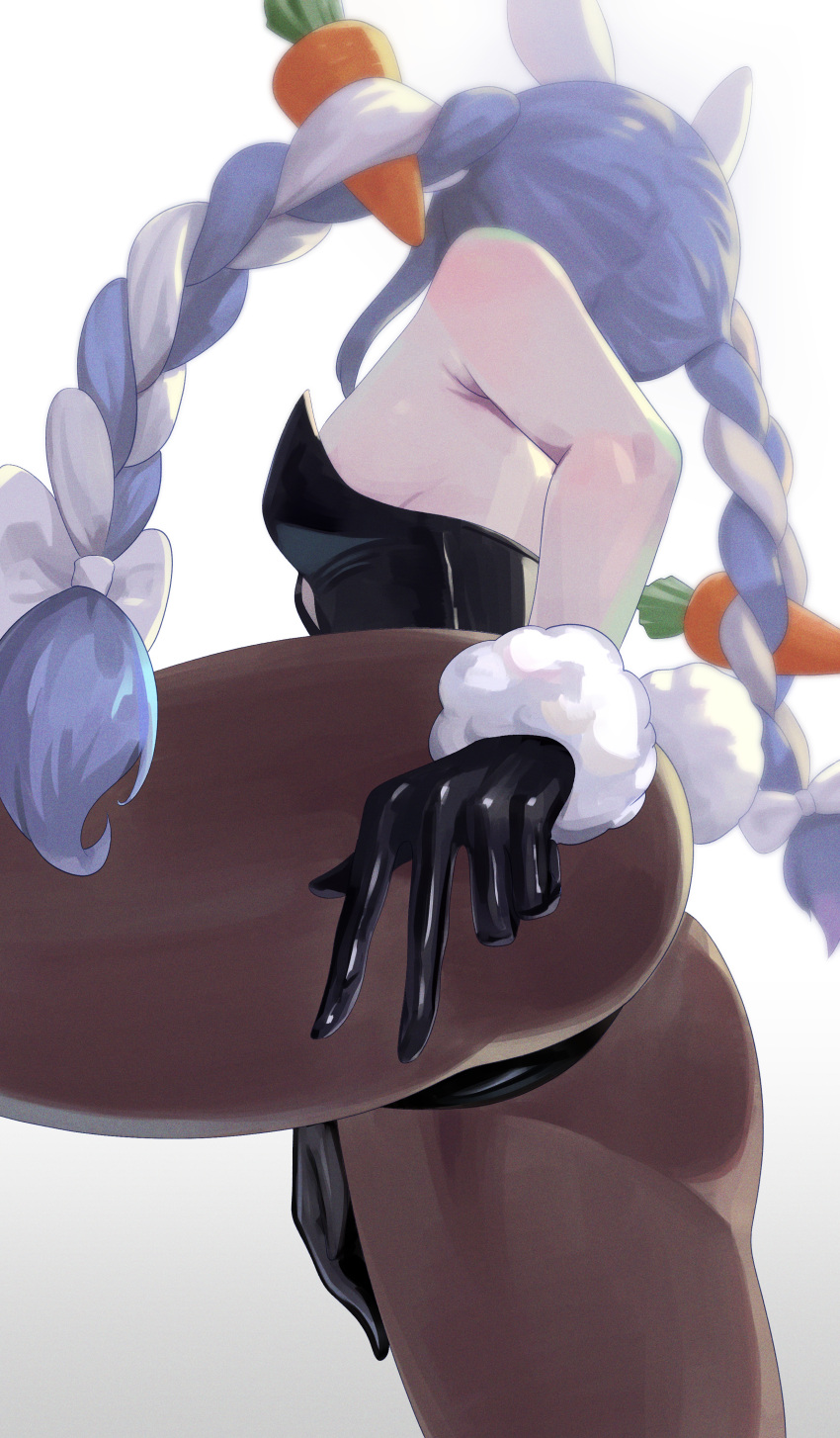 absurdres animal_ears ass black_gloves black_leotard blue_hair blurry braid breasts brown_pantyhose carrot carrot_hair_ornament dalcom depth_of_field facing_away female food-themed_hair_ornament from_below fur_trim gloves hair_ornament highres hololive leotard long_hair multicolored_hair pantyhose playboy_bunny rabbit_ears rabbit_girl rabbit_tail simple_background small_breasts solo tail thighs twin_braids two-tone_hair usada_pekora virtual_youtuber white_hair