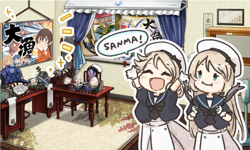 2girls ane_hoshimaru blonde_hair blue_eyes blue_sailor_collar closed_eyes commentary curtains dress eating fish fish_(food) food gloves gotland_(kancolle) hat holding holding_food honolulu_(kancolle) indoors janus_(kancolle) jervis_(kancolle) kantai_collection long_hair multiple_girls open_mouth romaji_text sailor_collar sailor_dress sailor_hat saury short_hair short_sleeves souya_(kancolle) souya_agb_(kancolle) table translated white_dress white_gloves white_headwear