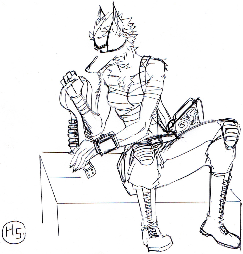 2019 anthro bandage becca/rebecca belt boots bottomwear bullet canid canine clothing eye_patch eyewear fallout fan_character footwear fox hair harpseal hi_res lever_action_rifle looking_down mammal microsoft pants sitting solo spiky_hair weapon