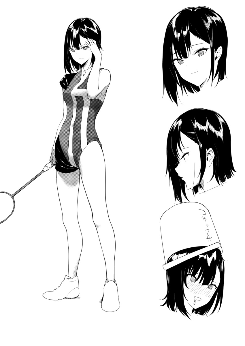 aoreyo asymmetrical_clothes bad_id bad_pixiv_id badminton badminton_racket blush bucket drooling female full_body greyscale hanebado! highres holding holding_racket looking_at_viewer monochrome multiple_views racket shiwahime_yuika short_hair single_bare_shoulder smile sportswear standing tucking_hair