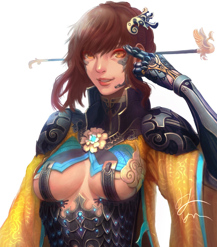 armor braid breasts brown_hair clothing_cutout commentary_request ewing female flower gauntlets hair_ornament hairpin high_collar highres korean_clothes korean_commentary looking_at_viewer medium_breasts orange_eyes original photoshop_(medium) salute shoulder_armor sidelocks smile solo standing two-finger_salute underboob_cutout upper_body vambraces