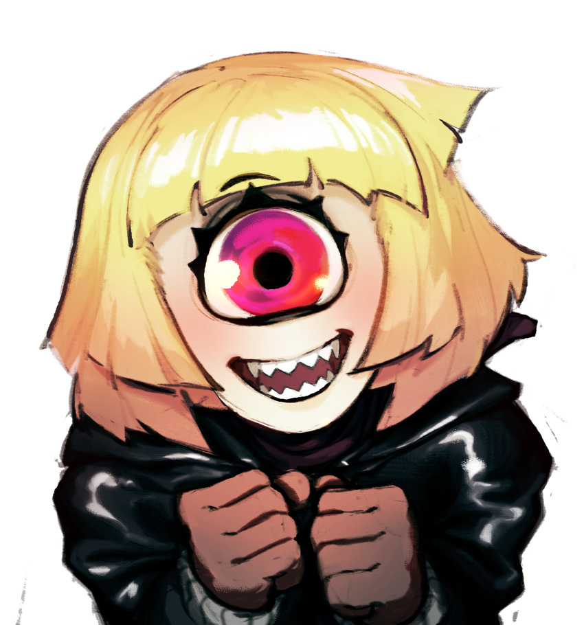 1_eye absurd_res alpha_channel annie_(anaid) big_eyes blonde_hair bust_portrait clothing colorwrath cyclops eyelashes female front_view hair hi_res humanoid jacket leather leather_clothing leather_jacket leather_topwear light_body light_skin looking_at_viewer monster_girl_(genre) multicolored_body multicolored_skin noseless not_furry open_mouth open_smile pale_skin pink_eyes portrait sharp_teeth short_hair simple_background smile solo tailclops_(race) tailclops_(species) teeth topwear transparent_background two_tone_body two_tone_skin