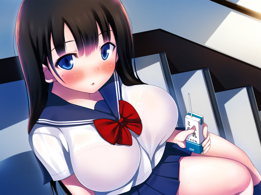 black_hair blue_eyes blue_sailor_collar blue_skirt blush bow breasts drinking_straw female kanojo_ga_aitsu_ni_sareta_koto large_breasts long_hair looking_at_viewer mole mole_under_eye nishijima_ren photoshop_(medium) plump red_bow sailor_collar school_uniform serafuku shirt shise_(agepan) sitting skirt solo stairs white_shirt