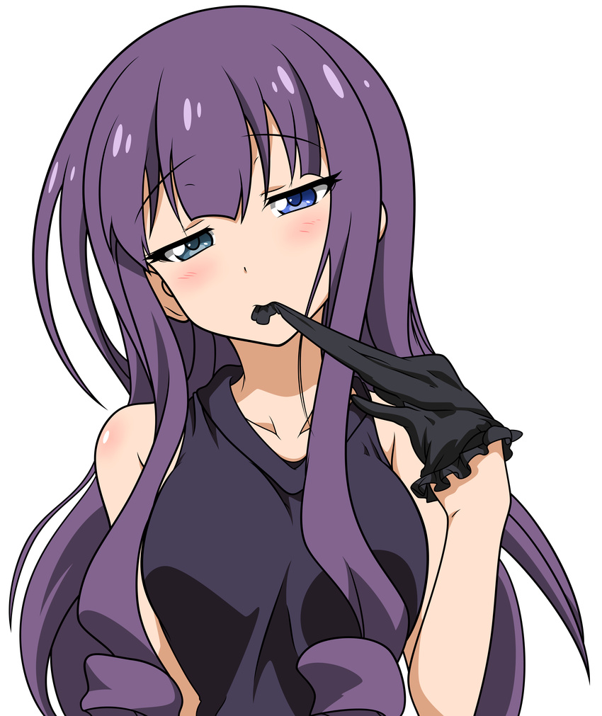 anitore!_ex bangs bare_shoulders blue_eyes blush female gloves heterochromia long_hair looking_at_viewer purple_hair solo tachibana_shion upper_body