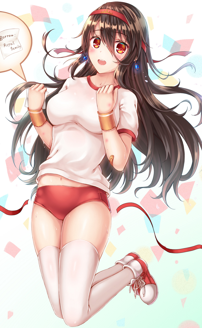 :d absurdres alternate_costume bandaid black_hair blush breasts bruise buruma clenched_hand commentary_request confetti earrings female gym_uniform hair_between_eyes headband highres injury jewelry jumping long_hair looking_at_viewer medium_breasts navel note open_mouth queen_elizabeth_(warship_girls_r) red_buruma red_eyes ribbon smile solo sweat sweatband thighhighs warship_girls_r white_thighhighs zhou_yu_(ppaaqz1995)