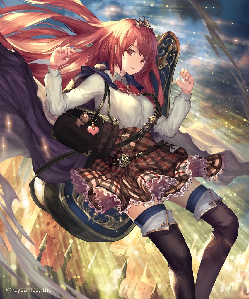 alternate_costume arriet_(shingeki_no_bahamut) bag bow bowtie breasts cloud commentary_request feet_out_of_frame female hair_ornament handbag hands_up highres legs long_hair looking_at_viewer medium_breasts official_art open_mouth outdoors plaid plaid_skirt red_eyes red_hair shingeki_no_bahamut shirt skirt sky solo tachikawa_mushimaro thighhighs thighs tiara white_shirt