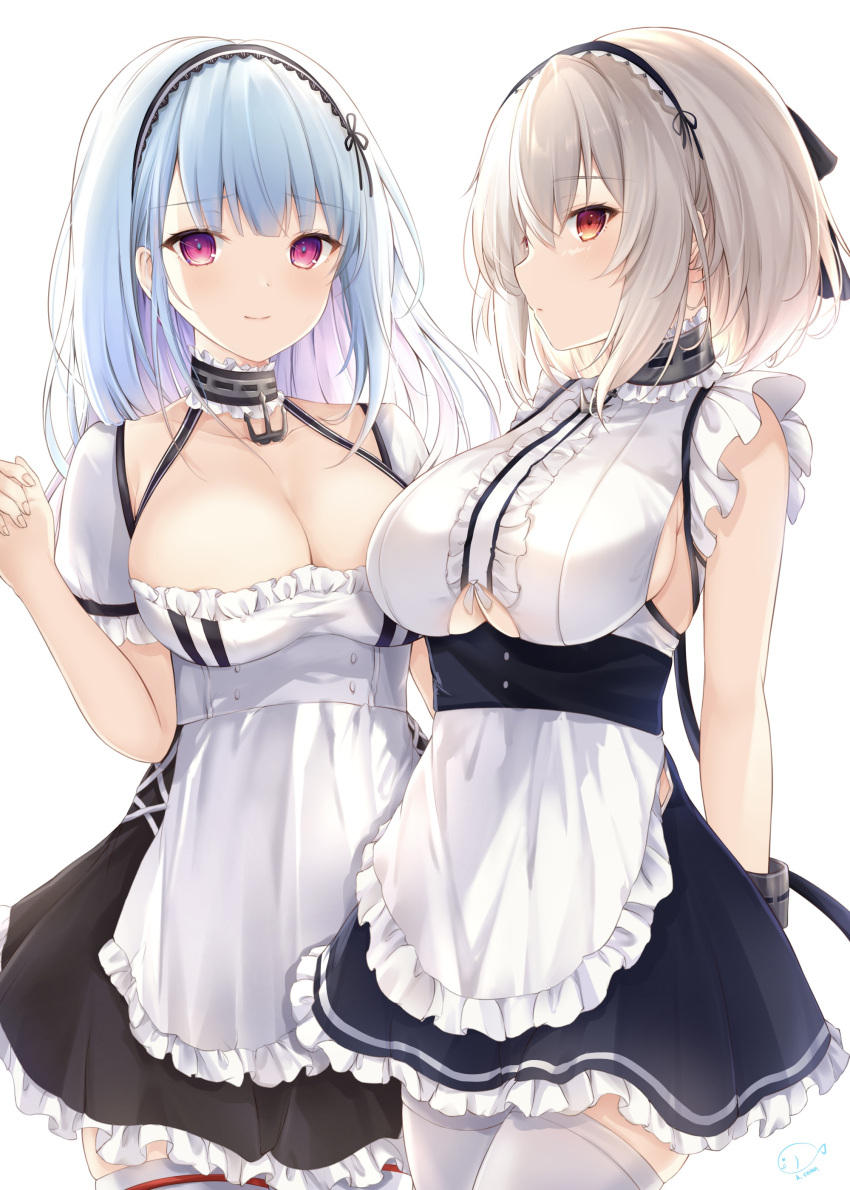 2girls absurdres anchor_symbol apron arms_behind_back azur_lane bare_shoulders black_dress black_hairband blue_hair blunt_bangs bracer breasts center_frills choker cleavage closed_mouth clothing_cutout collar collarbone commentary cosplay costume_switch cowboy_shot dido_(azur_lane) dido_(azur_lane)_(cosplay) dress earrings frilled_apron frilled_choker frilled_dress frills hair_between_eyes hairband hand_up heart heart_earrings highres jewelry kiri_celea large_breasts long_hair looking_at_viewer maid_apron metal_collar multiple_girls puffy_short_sleeves puffy_sleeves purple_eyes red_eyes short_hair short_sleeves sidelocks signature simple_background sirius_(azur_lane) sirius_(azur_lane)_(cosplay) skindentation sleeveless smile standing thighhighs underboob underboob_cutout waist_apron white_apron white_background white_hair white_thighhighs zettai_ryouiki