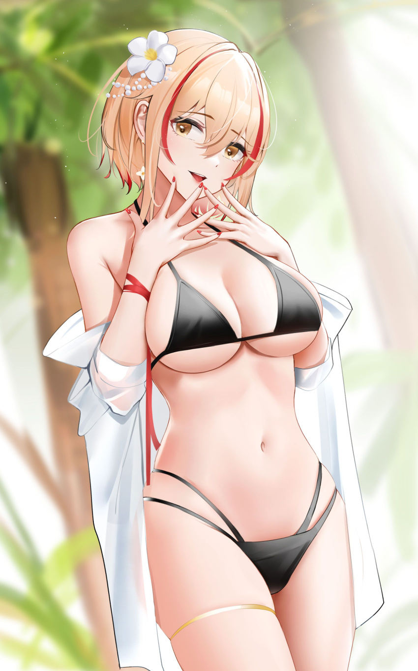 :d absurdres alternate_costume azur_lane bare_shoulders bikini black_bikini blonde_hair blurry blurry_background breasts brown_eyes chinese_commentary cleavage commentary_request cowboy_shot day depth_of_field female flower hair_flower hair_ornament hands_on_own_chest hands_up head_tilt highres large_breasts long_sleeves looking_at_viewer multi-strapped_bikini multicolored_hair navel open_clothes open_mouth open_shirt outdoors palm_tree partial_commentary qing_wu red_hair red_nails red_ribbon ribbon roon_(azur_lane) roon_(muse)_(azur_lane) shirt short_hair skindentation smile solo stomach streaked_hair sunlight swimsuit thigh_strap tree two-tone_hair underboob white_flower white_shirt wrist_ribbon