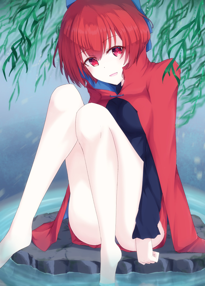 :d absurdres bare_legs barefoot black_shirt blue_bow bow breasts cape cloak donnon08 female hairbow high_collar highres knees_together_feet_apart knees_up long_sleeves looking_at_viewer medium_breasts miniskirt open_mouth outdoors red_cape red_cloak red_eyes red_hair red_skirt ripples sekibanki shirt short_hair sitting skirt smile soaking_feet solo thighs touhou water