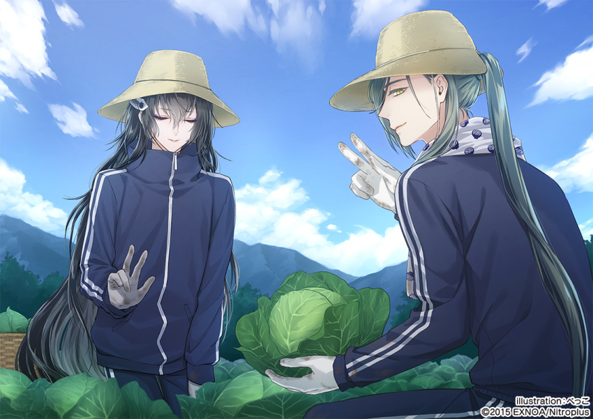 2boys basket black_hair blue_sky cabbage closed_eyes commentary_request gloves green_hair hat ichi-be juzumaru_tsunetsugu long_hair looking_back male_focus multiple_boys nikkari_aoe official_art outdoors ponytail sky smile touken_ranbu track_suit v very_long_hair white_gloves yellow_eyes