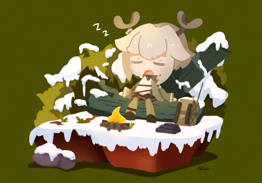 antlers arknights bag black_skirt campfire chibi closed_eyes female fire firewatch_(arknights) firewood green_background green_jacket green_pantyhose grey_hair horns jacket log nuu_(nu-nyu) open_mouth pantyhose sidelocks signature simple_background skirt sleeping sleeping_upright snow solo sweater zzz