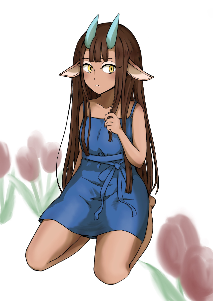 absurdres animal_crossing animal_ears baabara_(animal_crossing) bad_id bad_pixiv_id barefoot blush brown_hair dark-skinned_female dark_skin dress female flower goat_ears goat_horns highres horns humanization leaf long_hair sitting solo suu_(pprx4775) white_background yellow_eyes