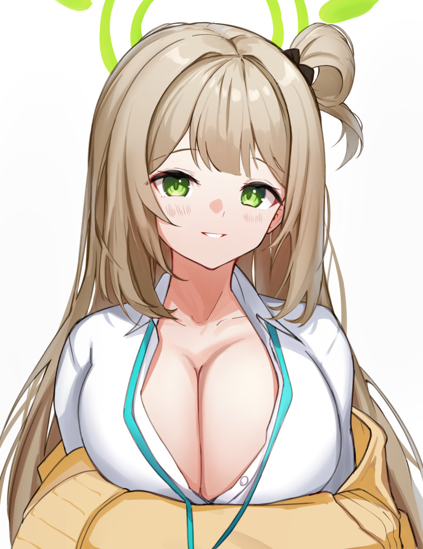 absurdres blue_archive blush breasts brown_hair cardigan cleavage collarbone collared_shirt dress_shirt female green_eyes hair_rings halo highres hitachi_sou large_breasts long_hair long_sleeves looking_at_viewer no_bra nonomi_(blue_archive) off_shoulder open_cardigan open_clothes parted_lips partially_unbuttoned shirt simple_background smile solo upper_body very_long_hair white_background white_shirt yellow_cardigan