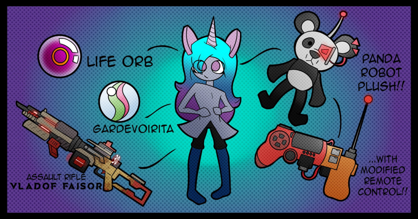 2022 assault_rifle bear blue_hair controller english_text equid equine evolutionary_stone femboy fusion generation_3_pokemon giant_panda gradient_background gradient_hair gun hair hands_on_hips hi_res horn humanoid kirlia life_orb long_hair long_socks looking_at_viewer maki_(malegardevoir) male malegardevoir mammal mega_stone mythological_creature mythological_equine mythology nintendo not_furry pink_hair plushie pokemon pokemon_(species) pokemon_fusion purple_eyes ranged_weapon remote_control rifle simple_background solo text unicorn unicorn_horn weapon