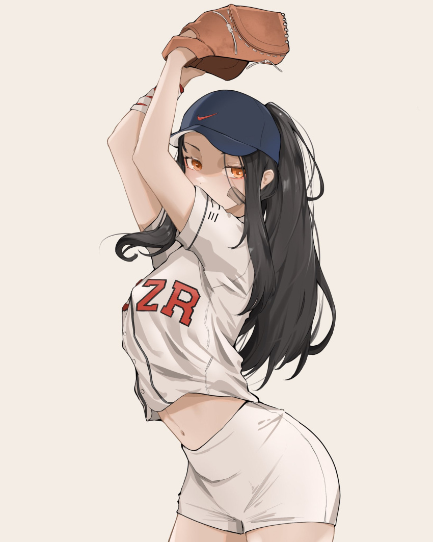 bandaid bandaid_on_face baseball_cap baseball_mitt baseball_uniform black_hair brown_eyes choi_seol-hwa commentary crop_top dczrart english_commentary female hat highres long_hair looking_at_viewer midriff miko_(dczr) navel nike_(company) original photo-referenced shirt short_sleeves shorts sidelocks simple_background solo sportswear standing sweatband very_long_hair wavy_hair