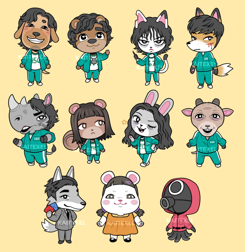 4girls 6+boys :< ali_abdul angry animal_crossing artist_name bear_boy black_hair bleeding blood blush_stickers brown_background brown_eyes brown_hair cat_girl cho_sang-woo commentary ddakji dog_boy doll_(squid_game) english_commentary envelope fox_boy furrification furry furry_female furry_male goat_boy green_jacket green_pants grin hamster_girl han_mi-nyeo hand_in_pocket heart heart-shaped_pupils highres holding holding_envelope holding_knife hood hood_up horns injury jacket jang_deok-su jewelry ji-yeong kai_texel kang_sae-byeok knife long_hair long_sleeves looking_at_another looking_at_viewer low_twintails messy_hair multiple_boys multiple_girls necklace numbered octopus_boy oh_il-nam open_clothes open_jacket pants rabbit_girl red_jacket rhinoceros_boy scar seong_gi-hun shirt shoes short_hair simple_background single_horn smile squid_game squirrel_girl star_(symbol) symbol-shaped_pupils teeth the_salesman_(squid_game) twintails upper_teeth_only watermark white_shirt wolf_boy worker_(squid_game)