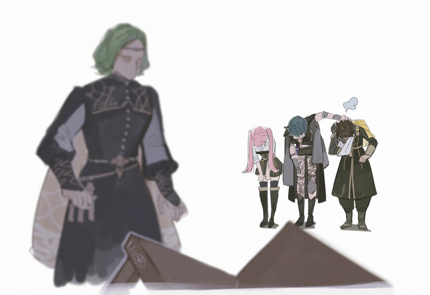 2boys 2girls alzi_xiaomi arm_sling bangs black_cloak black_dress black_footwear black_legwear black_skirt blue_hair blurry boots bowing braid broken brown_hair byleth_(fire_emblem) byleth_(fire_emblem)_(male) cape circlet claude_von_riegan cloak commentary depth_of_field dress faceless fire_emblem fire_emblem:_three_houses forced_bowing full_body garreg_mach_monastery_uniform green_hair hilda_valentine_goneril injury knee_pads long_hair multiple_boys multiple_girls pantyhose parted_bangs pink_hair seteth_(fire_emblem) short_hair side_braid signature simple_background skirt standing table thigh_boots thighhighs thighhighs_under_boots twintails white_background yellow_cape yellow_capelet zettai_ryouiki