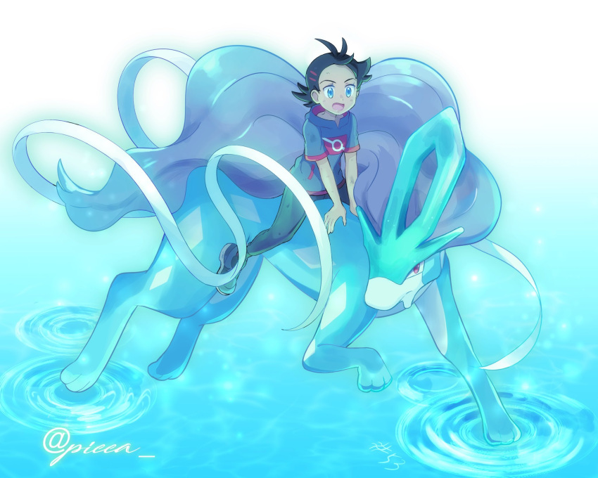 1boy black_hair blue_eyes eyelashes gen_2_pokemon goh_(pokemon) highres legendary_pokemon male_focus mei_(maysroom) number open_mouth pants pokemon pokemon_(anime) pokemon_(creature) pokemon_swsh_(anime) riding_pokemon ripples shoes short_sleeves signature suicune tongue water